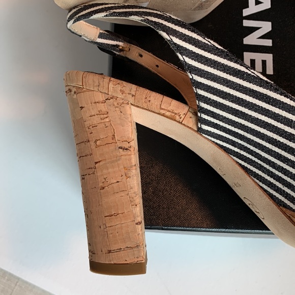 CHANEL Shoes Black White Striped Platform Cork Canvas Patent Slingback CC Heels - Picture 11 of 16